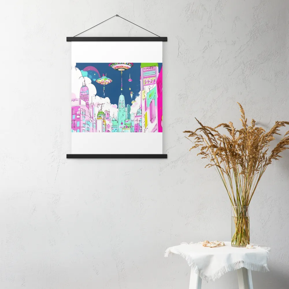 Futuristic Cityscape with Floating Structures | Poster With Black Wood Hanger | 18″×24″