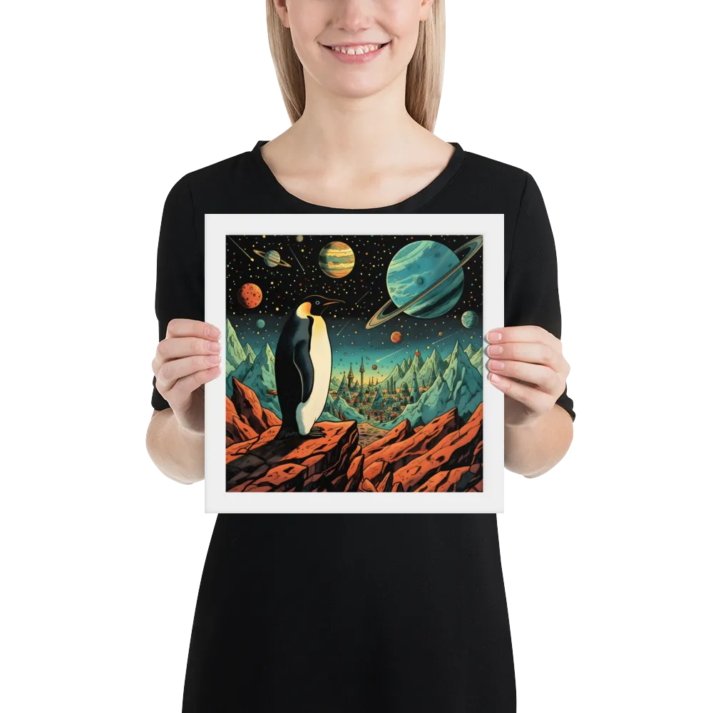 Penguin on an Alien Shore 
 Poster with White Frame | 10″x 10″