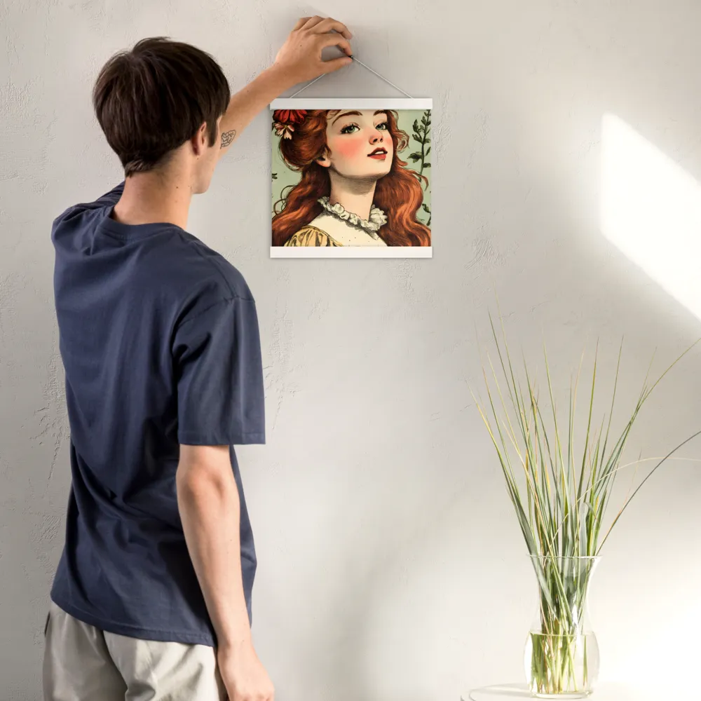Whimsical Portrait of a Flower-Adorned Girl | Poster With White Wood Hanger | 12″×12″