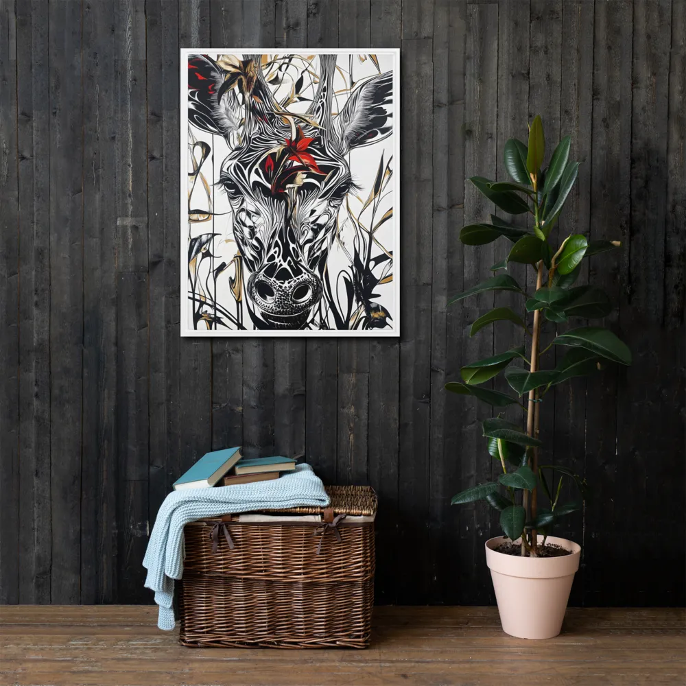 Floral Elegance: The Giraffe's Portrait | Canvas with White Frame | 24″×32″