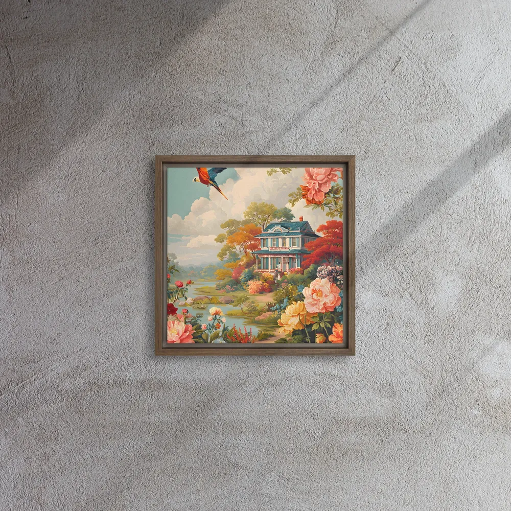 Riverside Cottage in Bloom 
 Canvas with Brown Frame | 12″x 12″