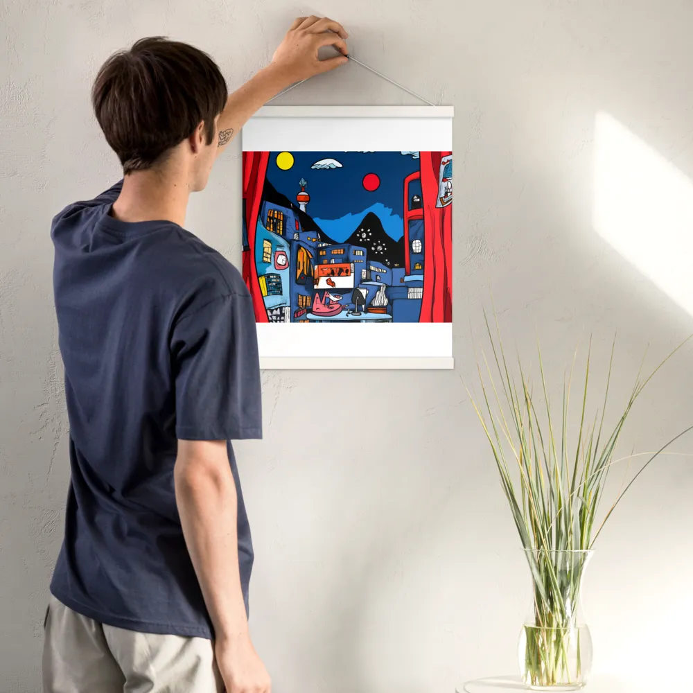 Whimsical Cityscape at Night | Poster With White Wood Hanger | 16″×20″