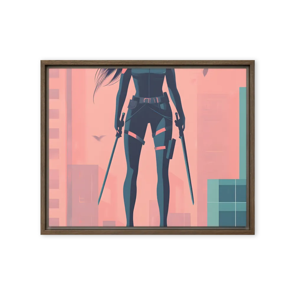 Urban Sentinel: A Warrior's Stand | Canvas with Brown Frame | 16″×20″
