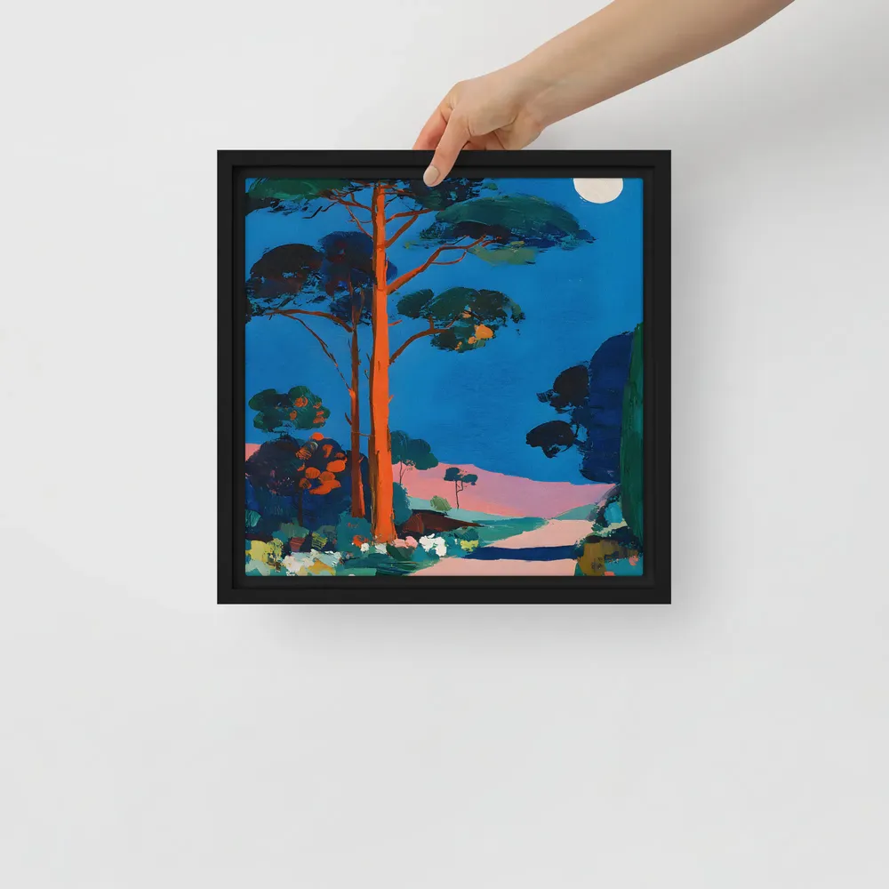 Moonlit Pine Path 
 Canvas with Black Frame | 12″x 12″