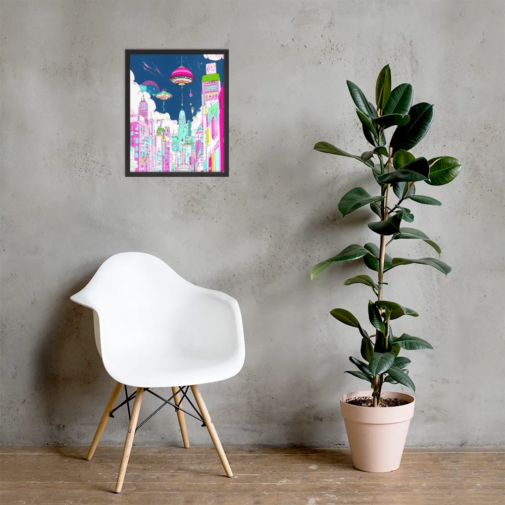 Futuristic Cityscape with Floating Structures | Poster with Black Frame | 16″×20″