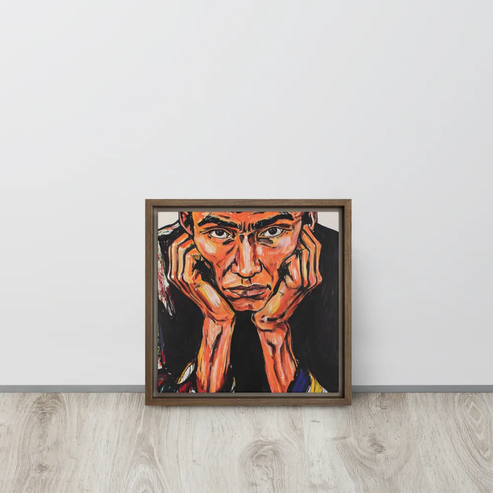 Contemplative Intensity: An Expressionist Portrait | Canvas with Brown Frame | 12″×12″