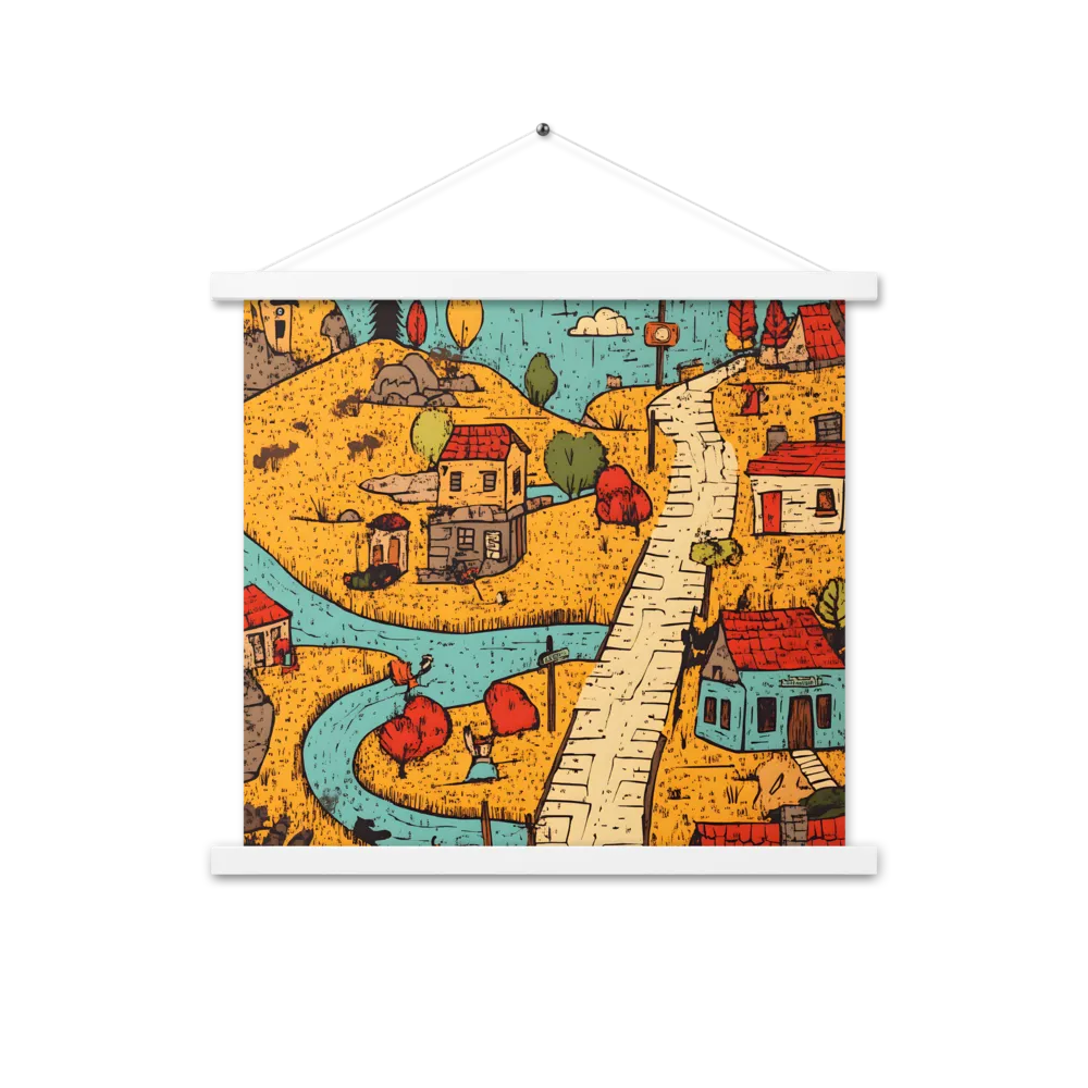 Whimsical Village Landscape | Poster With White Wood Hanger | 18″×18″