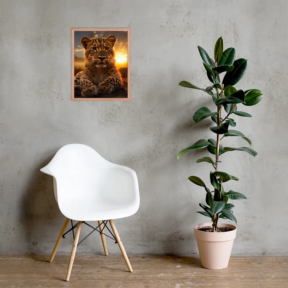 Regal Presence: The Leopard at Sunset | Poster with Red oak Frame | 16″×20″