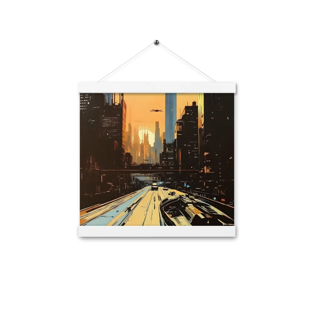 Metro Nexus: A Futuristic Cityscape | Poster With White Wood Hanger | 12″×12″
