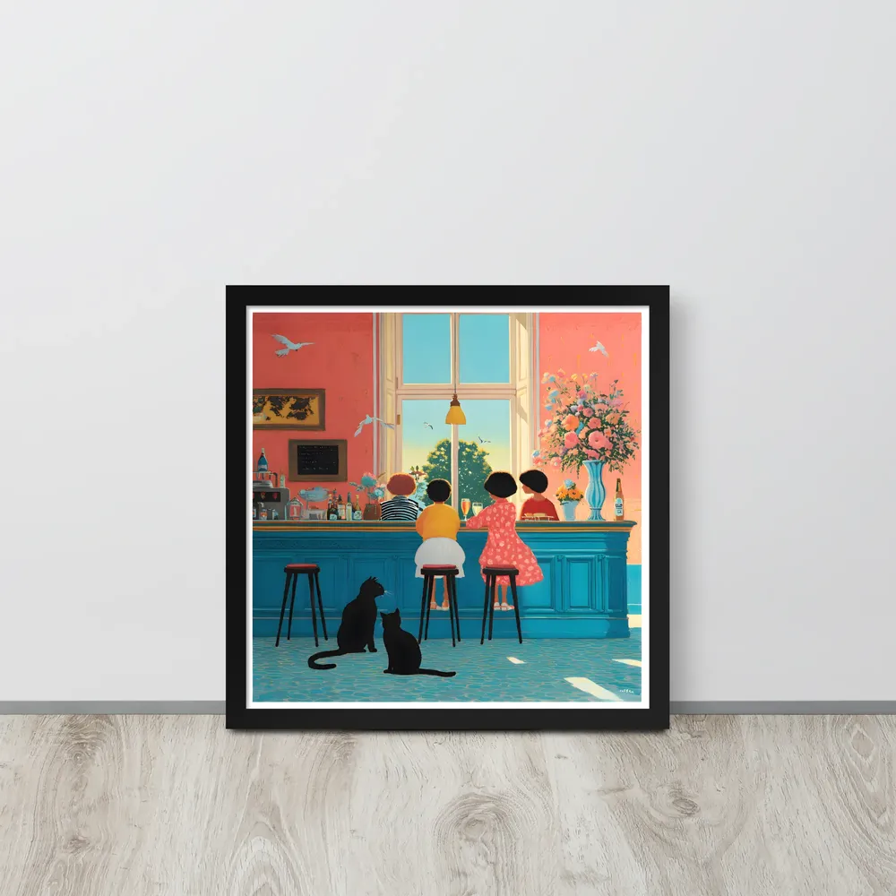 Sunlit Café Counter 
 Poster with Black Frame | 16″x 16″