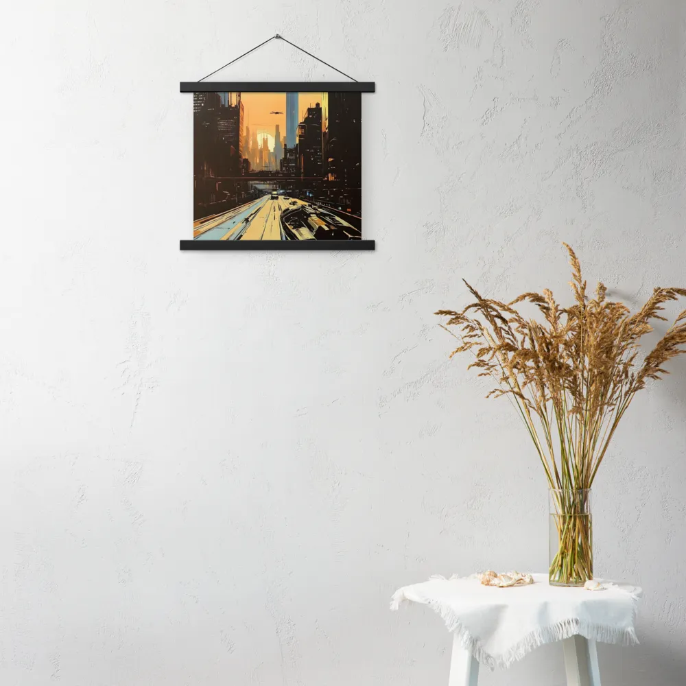 Metro Nexus: A Futuristic Cityscape | Poster With Black Wood Hanger | 14″×14″