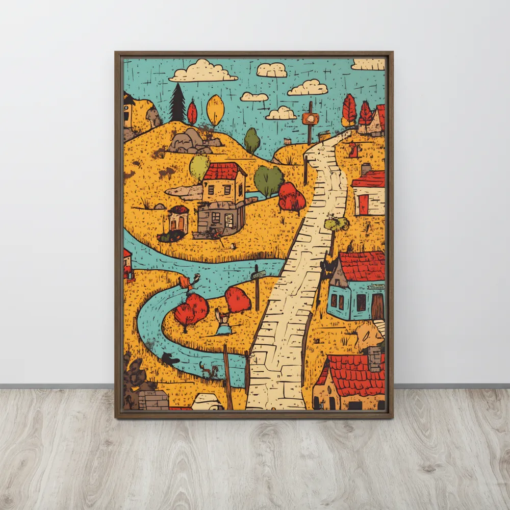 Whimsical Village Landscape | Canvas with Brown Frame | 24″×32″