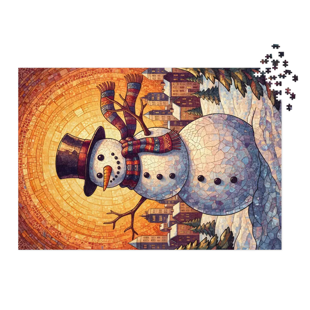 Winter Mosaic Snowman 
 Jigsaw Puzzle in Tin Box