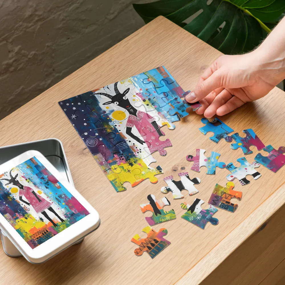 Whimsical Goat in Pink Dress 
 Jigsaw Puzzle in Tin Box