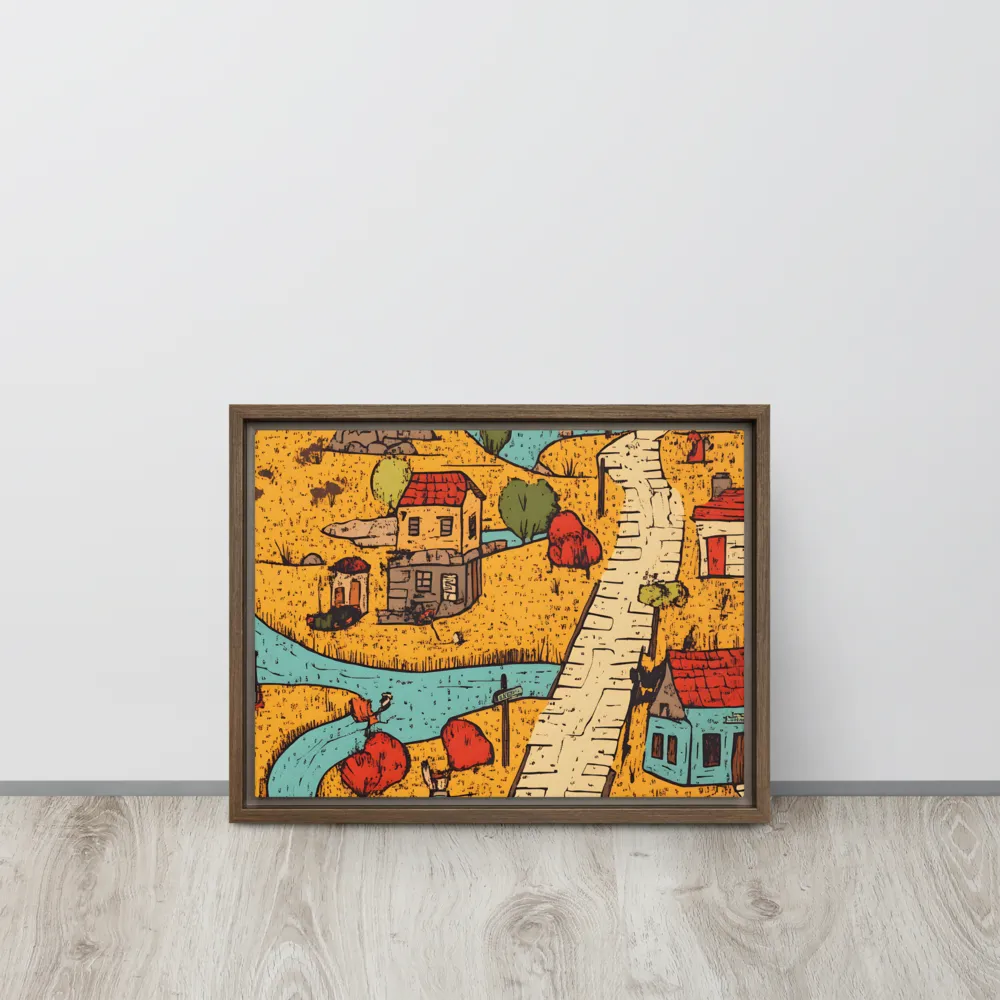 Whimsical Village Landscape | Canvas with Brown Frame | 12″×16″