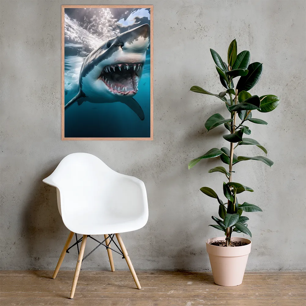 Majesty of the Ocean: The Great White Shark | Poster with Red oak Frame | 24″×36″