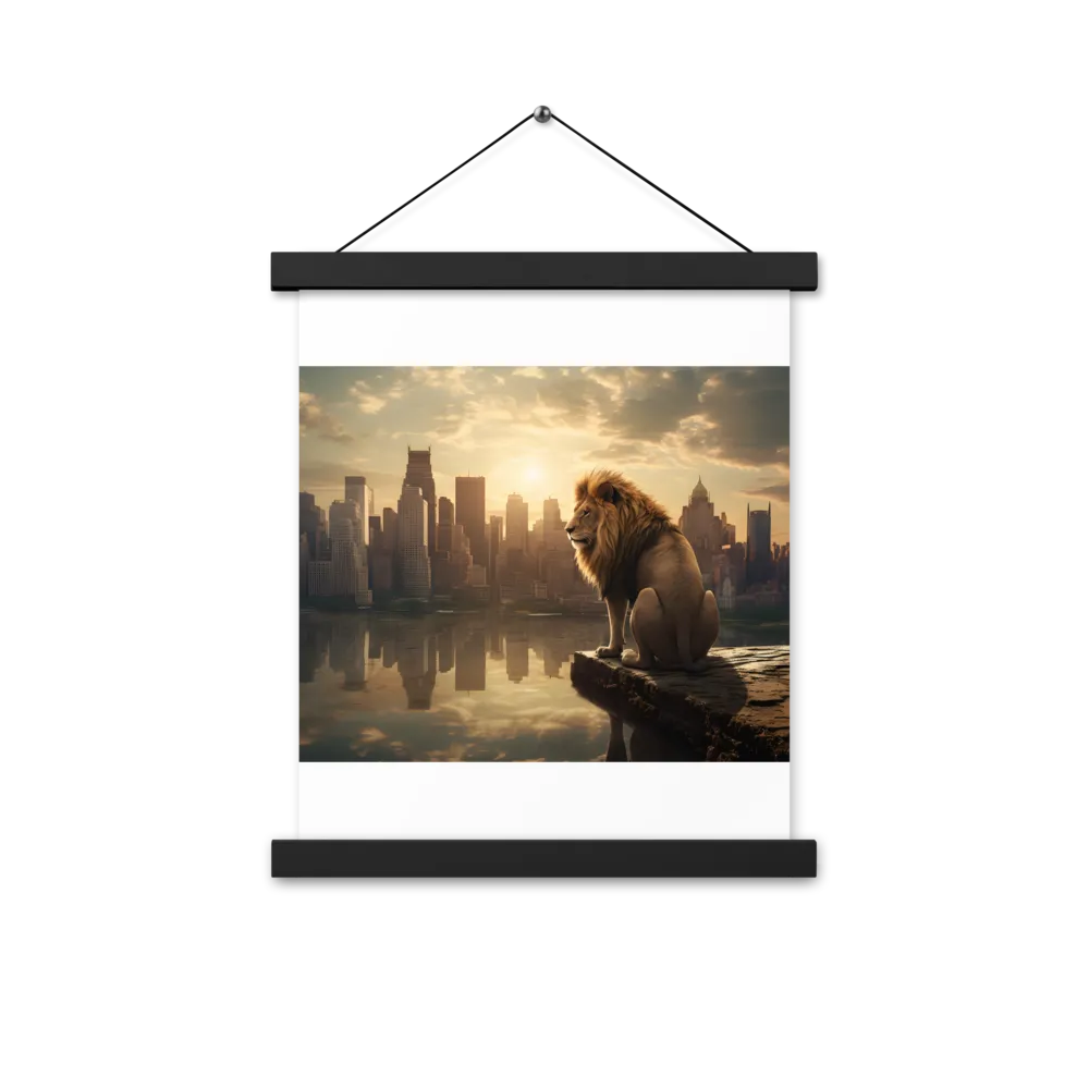 The Lion's Gaze Over the Urban Symphony | Poster With Black Wood Hanger | 11″×14″