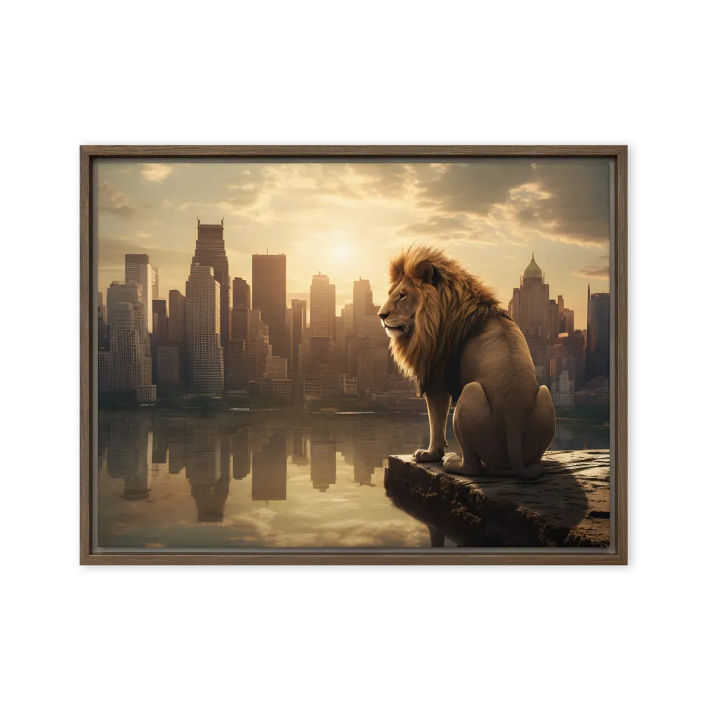 The Lion's Gaze Over the Urban Symphony | Canvas with Brown Frame | 18″×24″