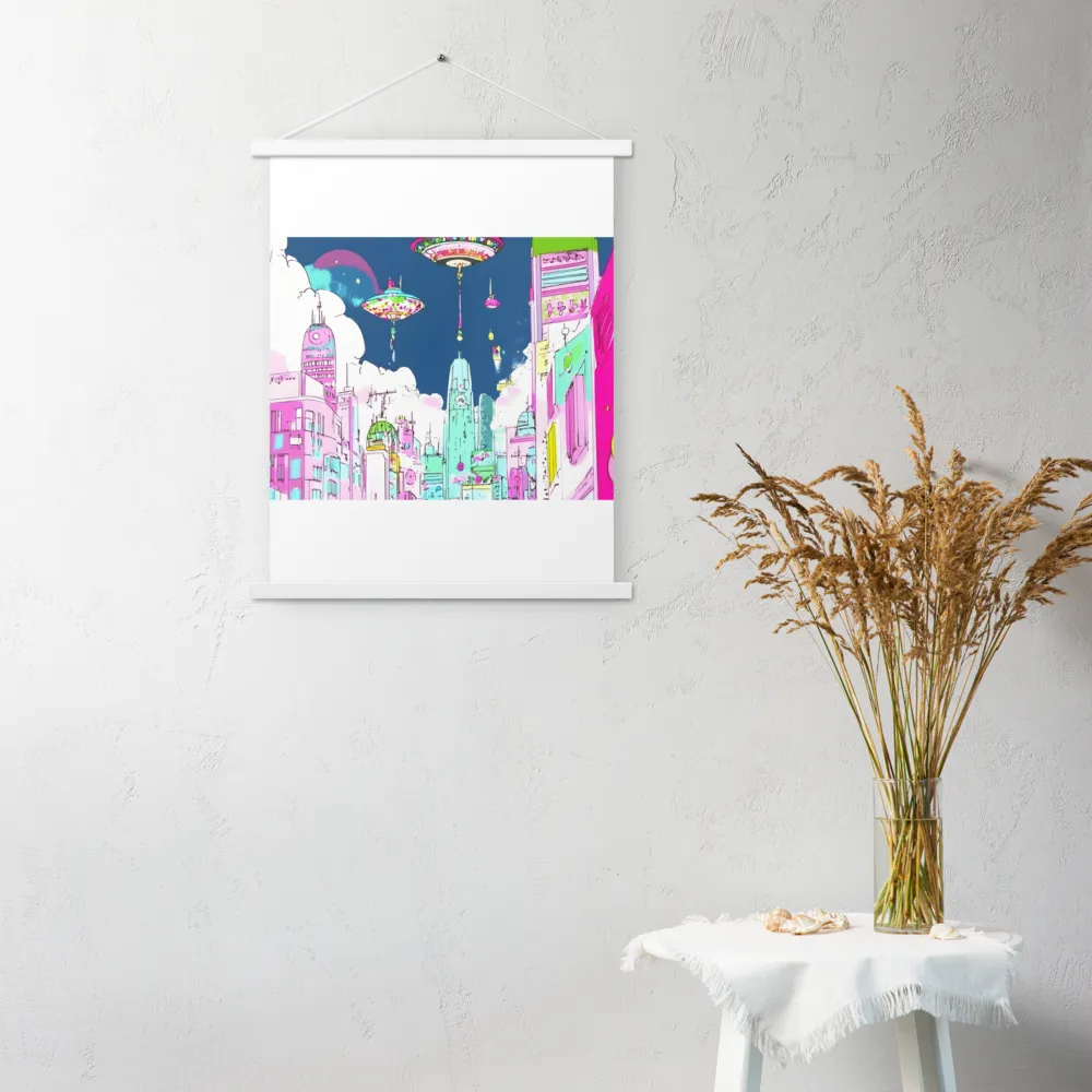 Futuristic Cityscape with Floating Structures | Poster With White Wood Hanger | 18″×24″