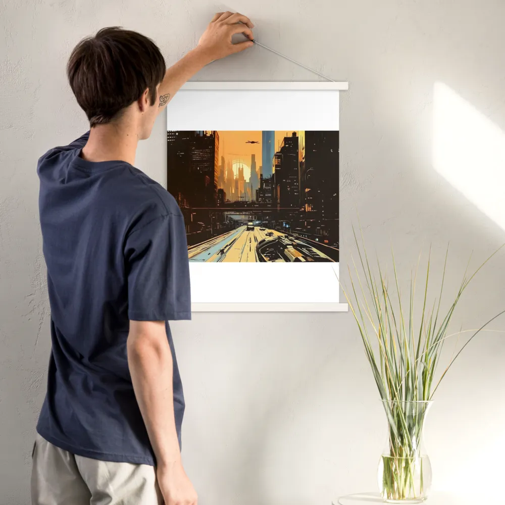 Metro Nexus: A Futuristic Cityscape | Poster With White Wood Hanger | 18″×24″