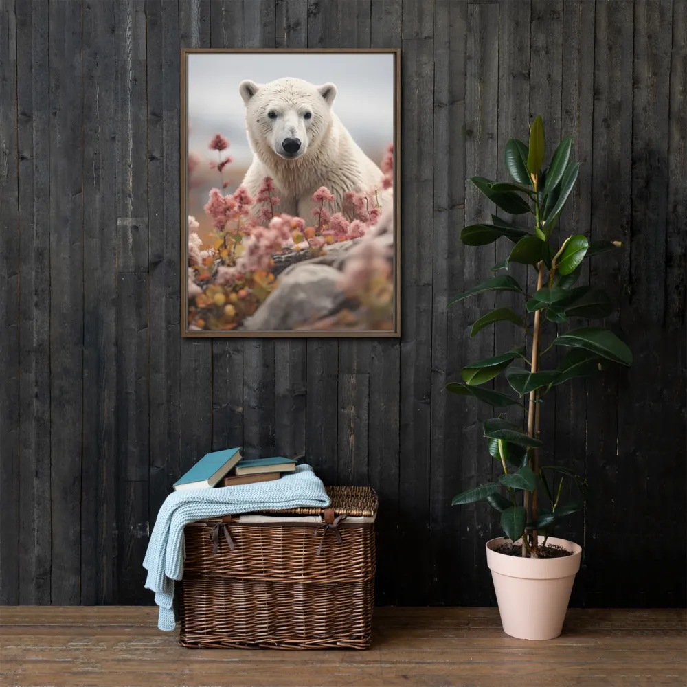 Curiosity Among Blooms: The Polar Bear | Canvas with Brown Frame | 24″×32″