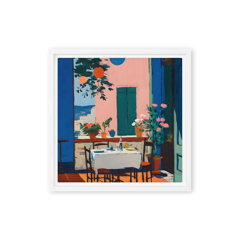 Sunlit Terrace Table 
 Canvas with White Frame | 12″x 12″
