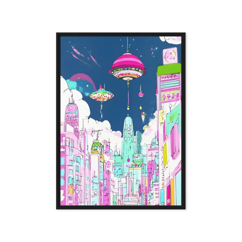 Futuristic Cityscape with Floating Structures | Canvas with Black Frame | 20″×28″