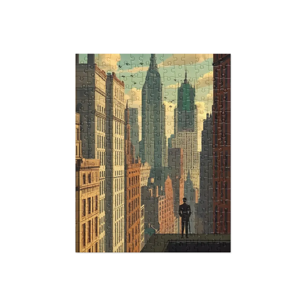 Urban Dreams: A Silhouette in Art Deco Cityscape | Jigsaw Puzzle | 252 pieces