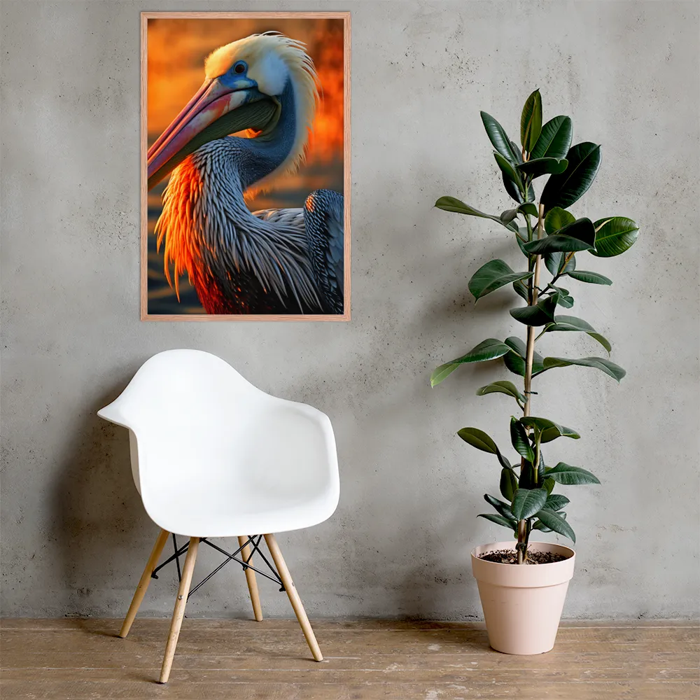 Elegance of the Pelican at Sunset | Poster with Red oak Frame | 24″×36″