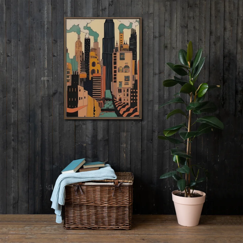Urban Symphony in Ink | Canvas with Brown Frame | 24″×32″
