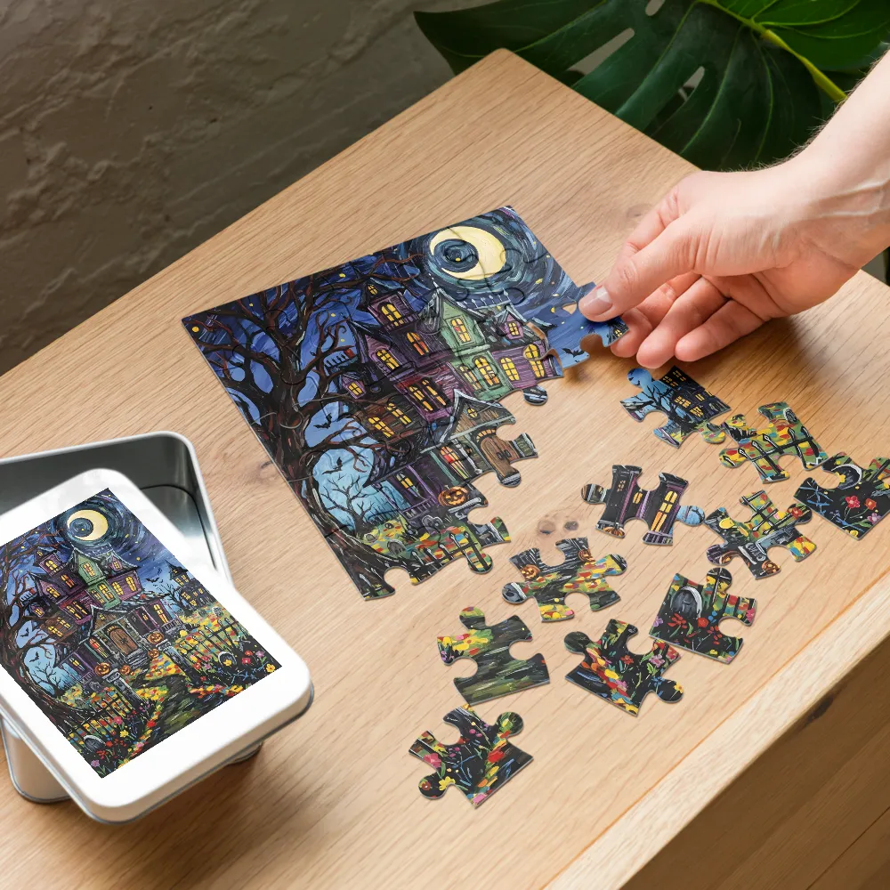 Moonlit Haunted Manor 
 Jigsaw Puzzle in Tin Box