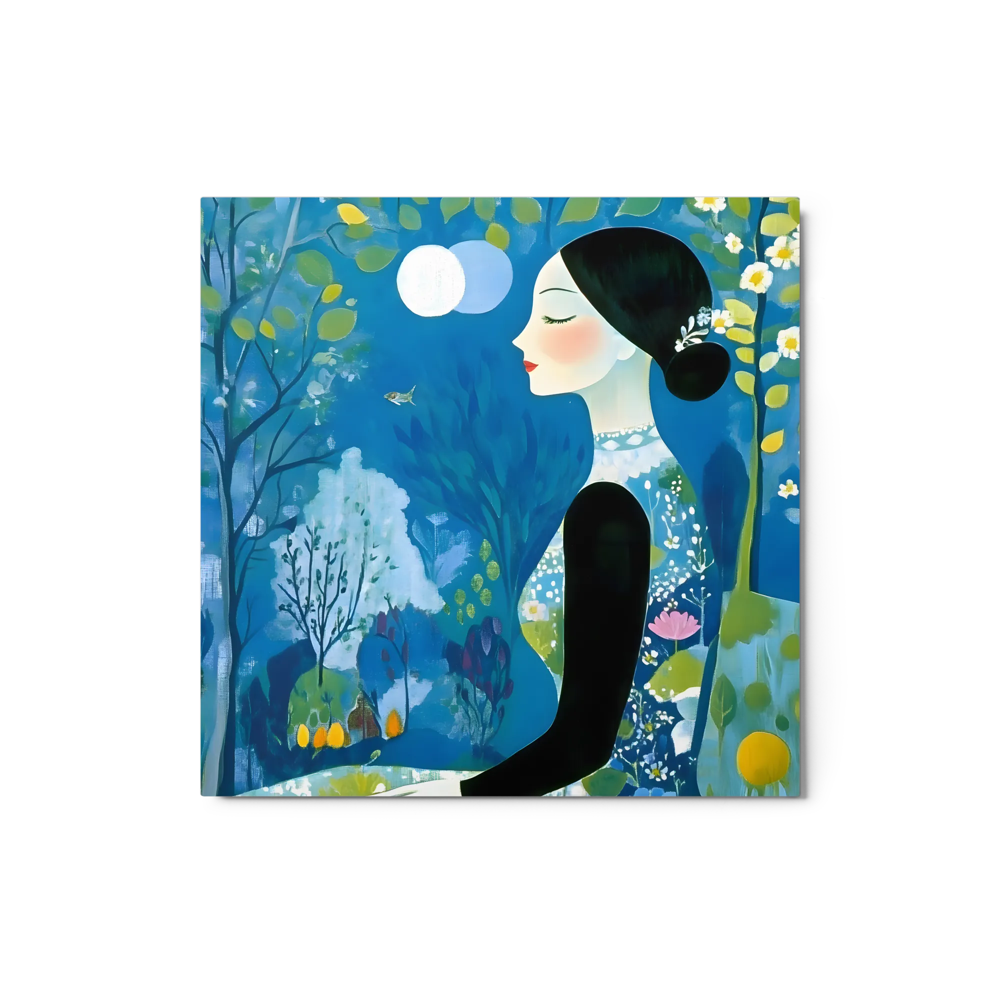 Serene Woman in Blue Forest 
 Metal Print | 12″x 12″