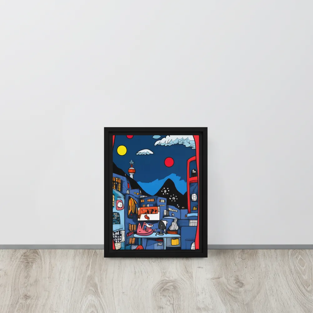Whimsical Cityscape at Night | Canvas with Black Frame | 9″×12″
