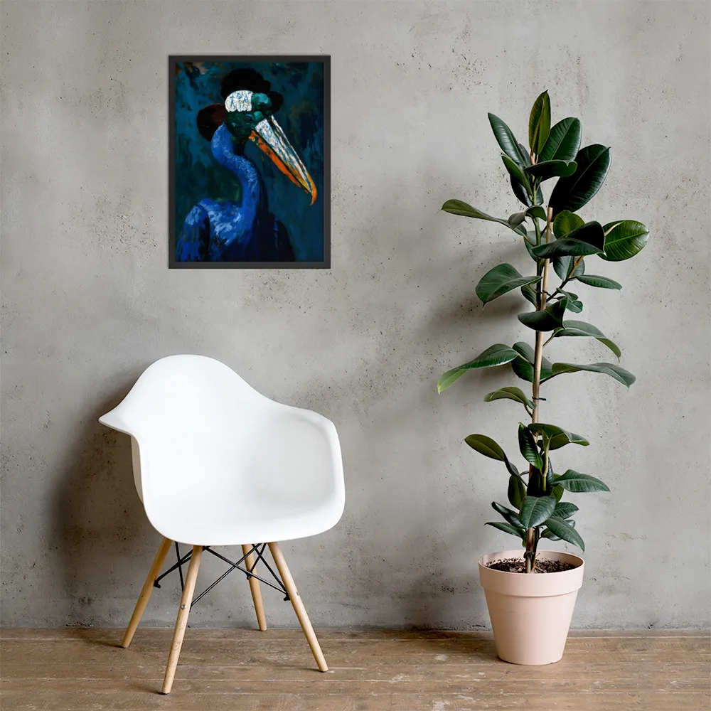 Majestic Absurdity: The Hat-Wearing Bird | Poster with Black Frame | 18″×24″