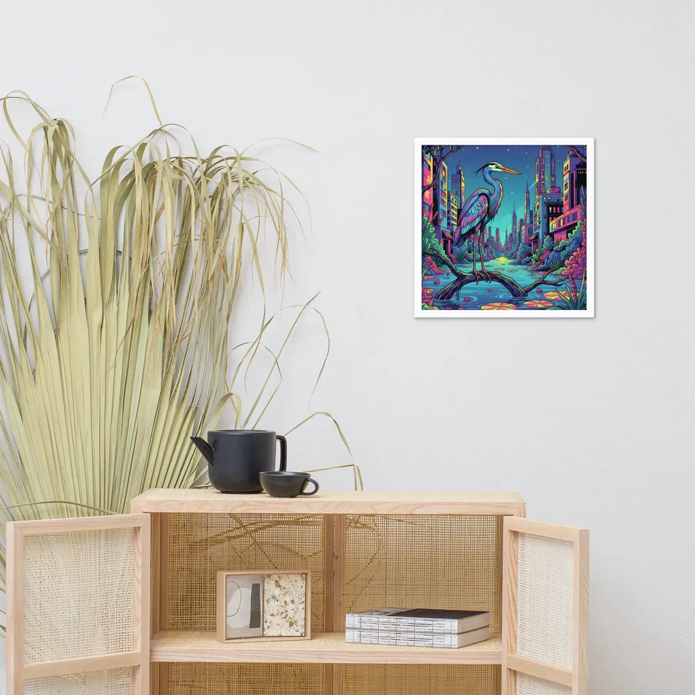 Neon Heron - Urban Twilight 
 Poster with White Frame | 18″x 18″