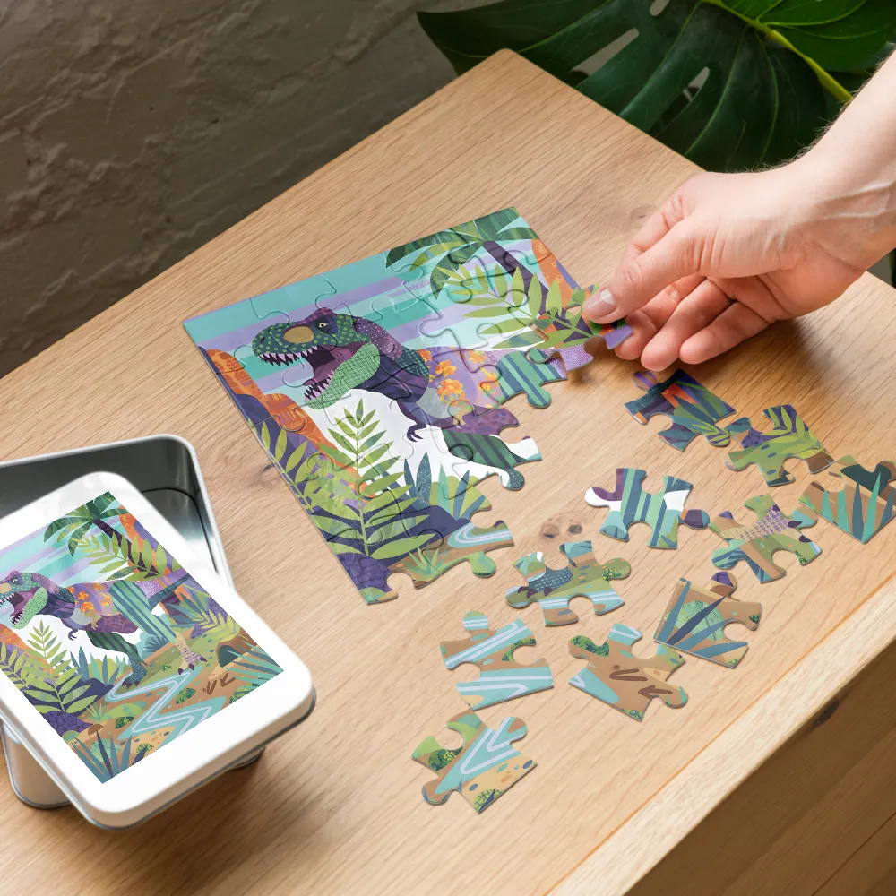 Patchwork T‑Rex 
 Jigsaw Puzzle in Tin Box