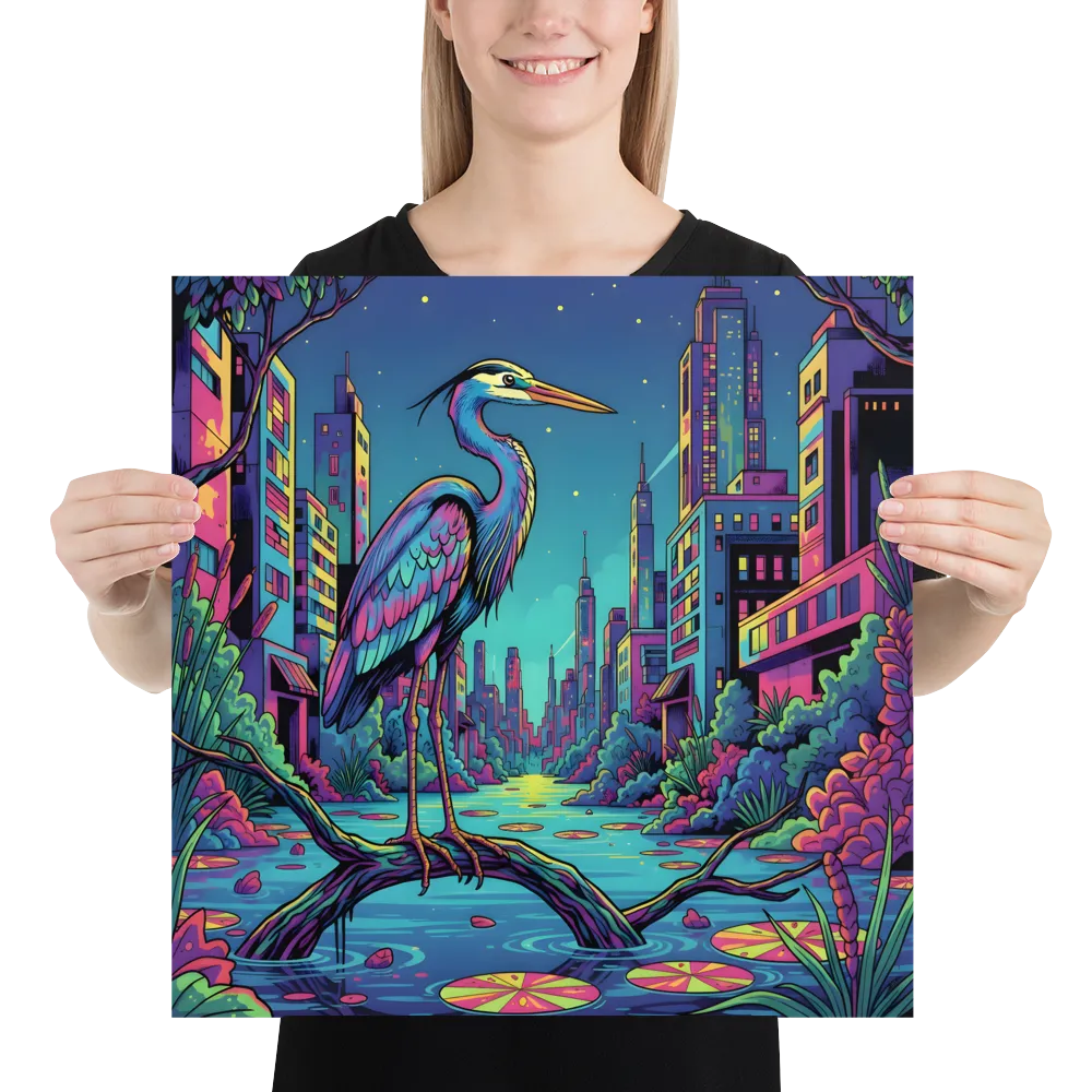 Neon Heron - Urban Twilight 
 Poster | 18″x 18″