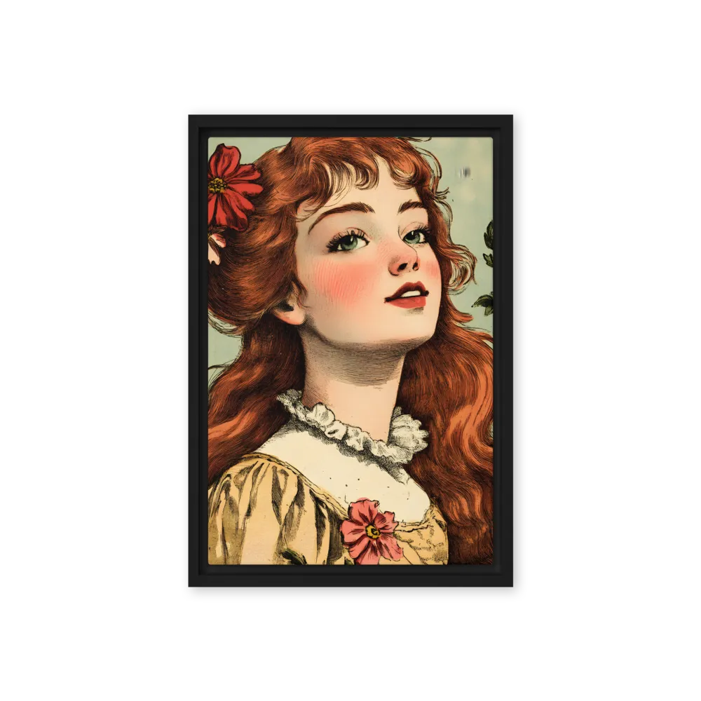 Whimsical Portrait of a Flower-Adorned Girl | Canvas with Black Frame | 12″×18″