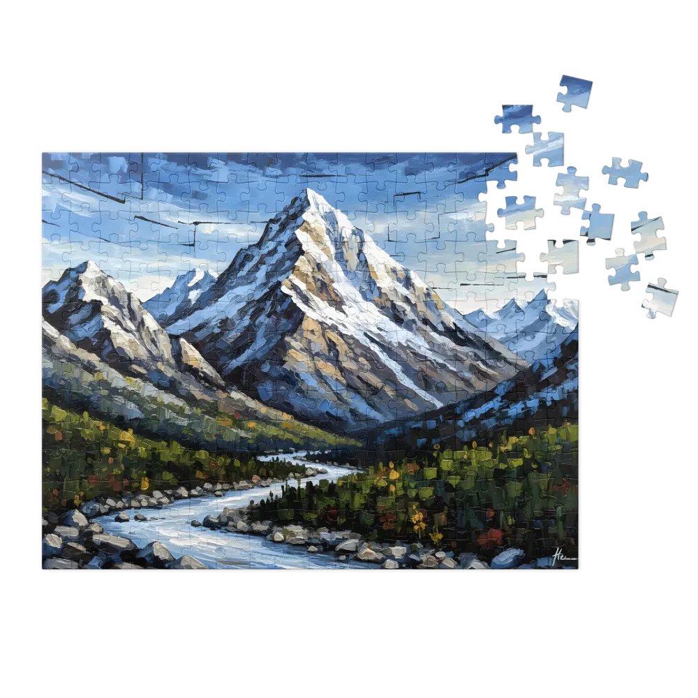 Impasto Mountain River Valley 
 Jigsaw Puzzle in Tin Box