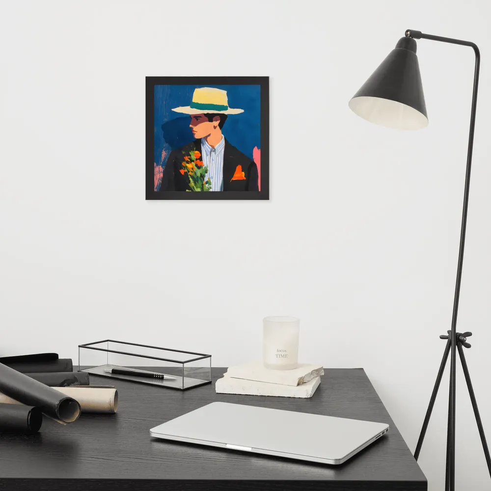 Portrait with Hat and Flowers 
 Poster with Black Frame | 10″x 10″