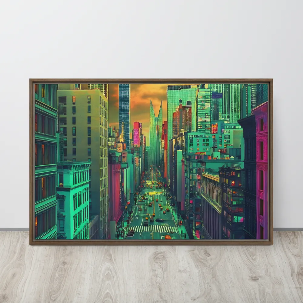Urban Surrealism: Neon Dreams | Canvas with Brown Frame | 24″×36″