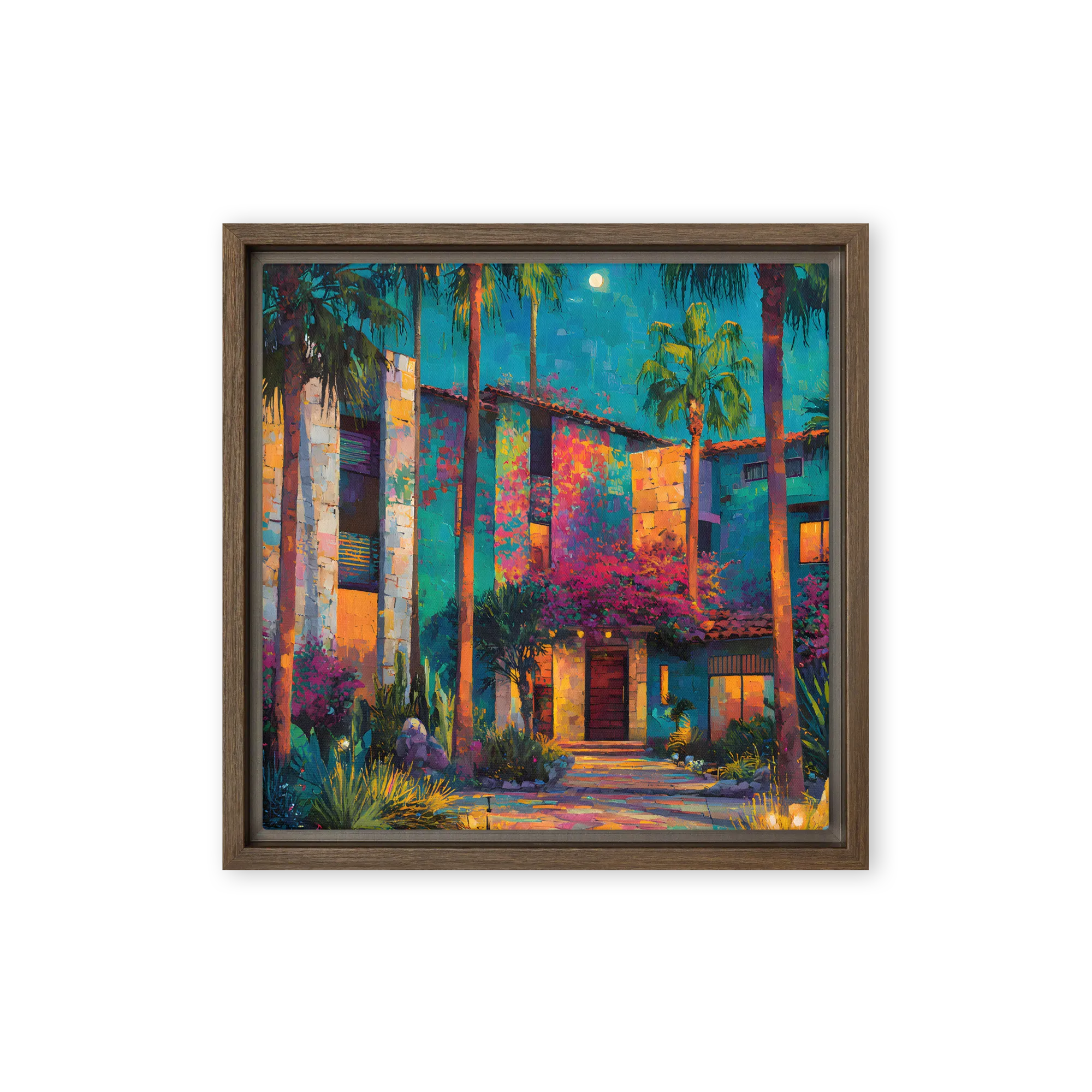 Impressionistic Tropical Night 
 Canvas with Brown Frame