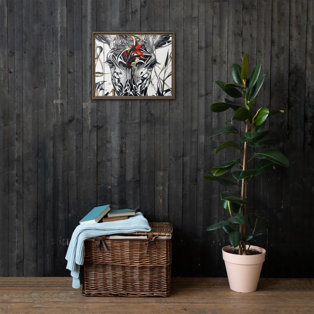 Floral Elegance: The Giraffe's Portrait | Canvas with Brown Frame | 16″×20″