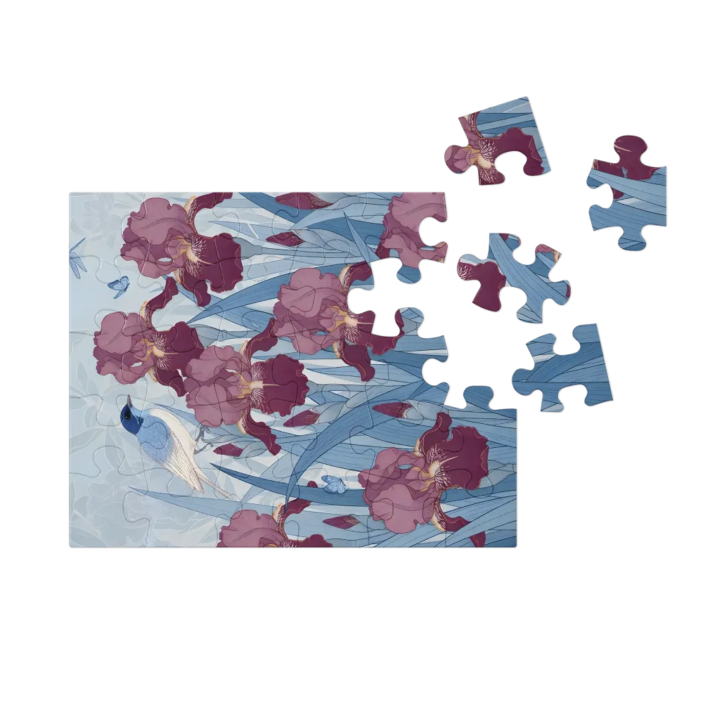 Bluebird Among Irises 
 Jigsaw Puzzle in Tin Box