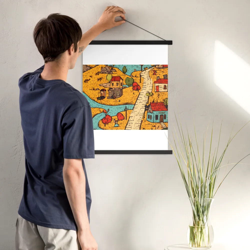 Whimsical Village Landscape | Poster With Black Wood Hanger | 18″×24″