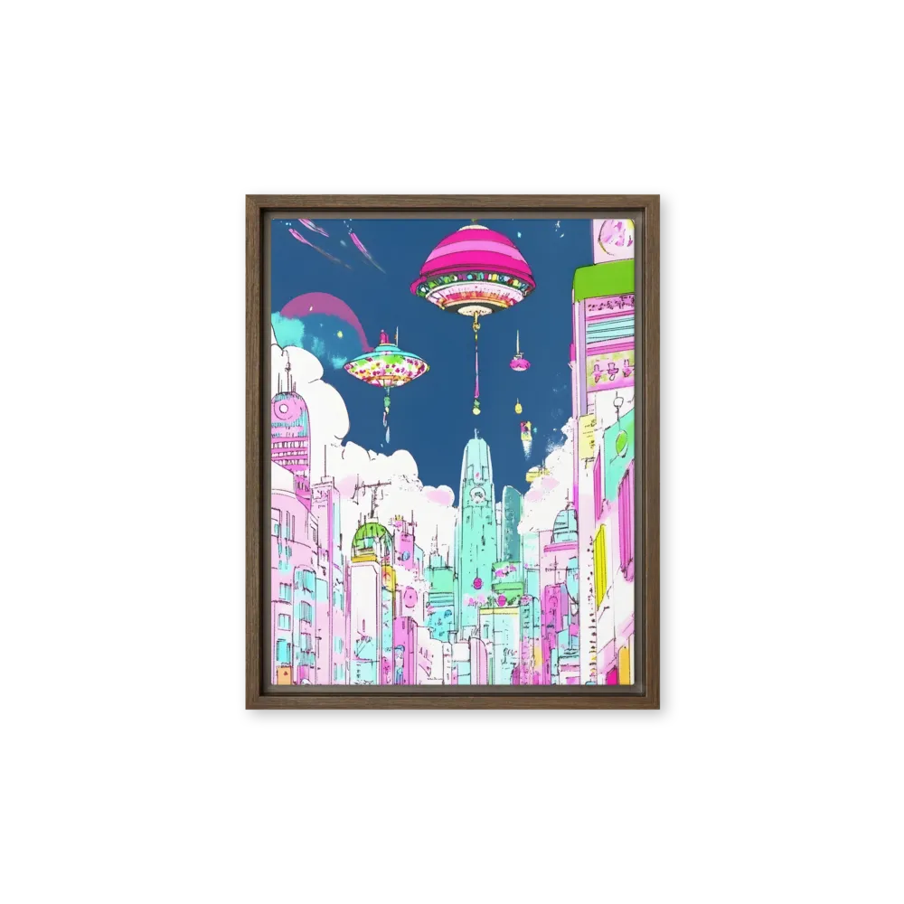 Futuristic Cityscape with Floating Structures | Canvas with Brown Frame | 11″×14″