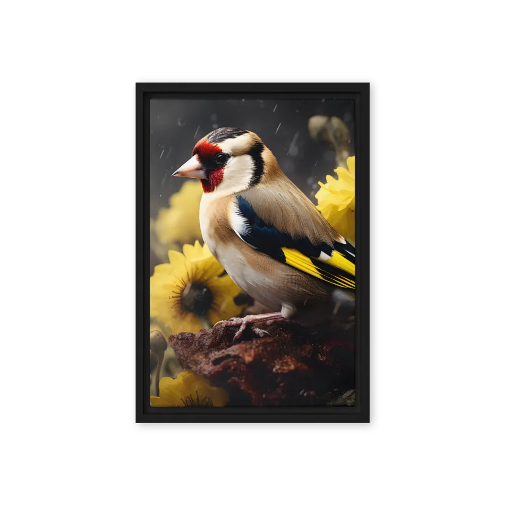 Harmony in Nature: A Goldfinch Amidst Blooms | Canvas with Black Frame | 12″×18″