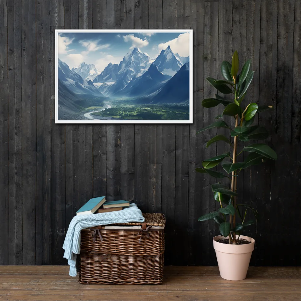 Majestic Serenity: A Landscape of Mountains and Rivers | Canvas with White Frame | 24″×36″