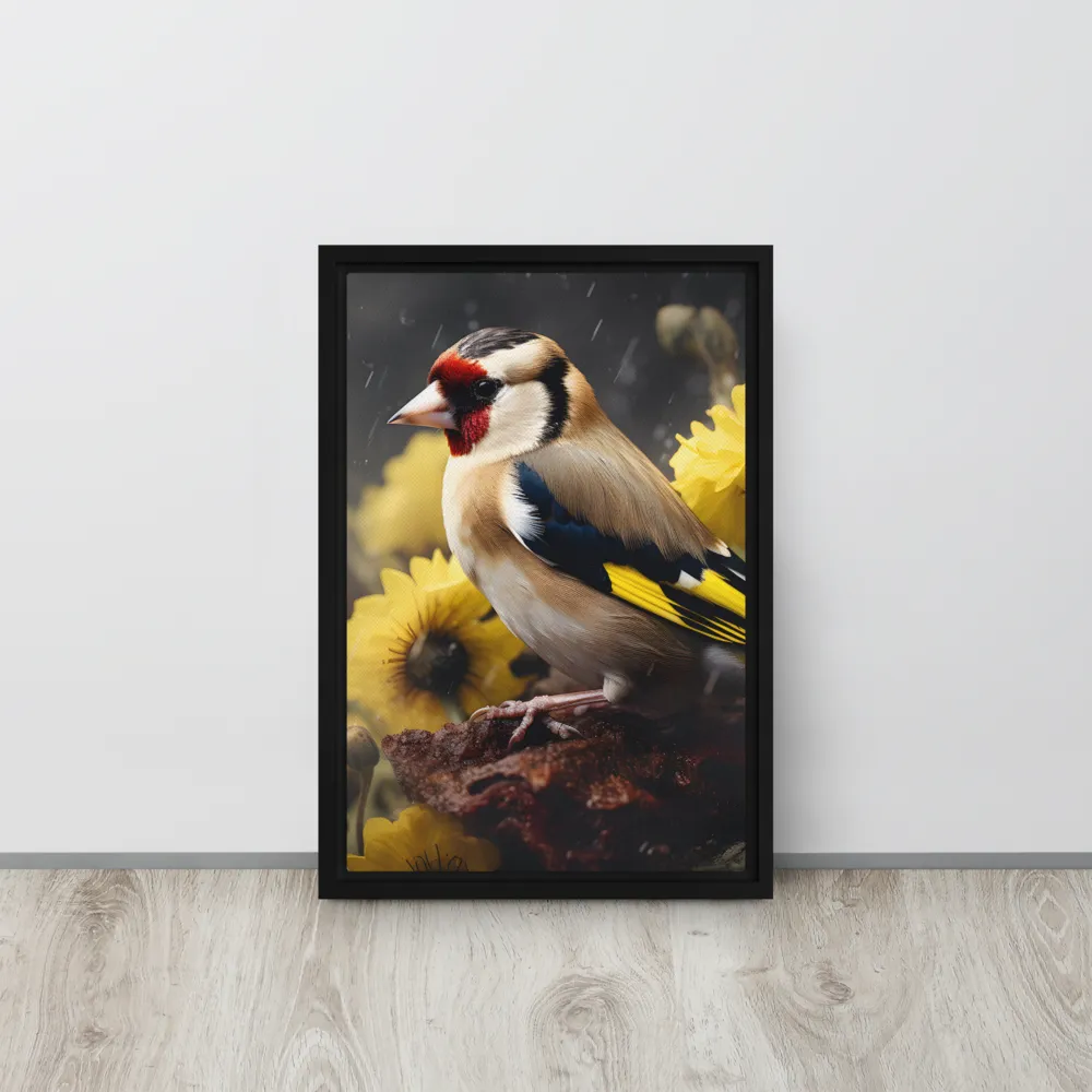 Harmony in Nature: A Goldfinch Amidst Blooms | Canvas with Black Frame | 12″×18″