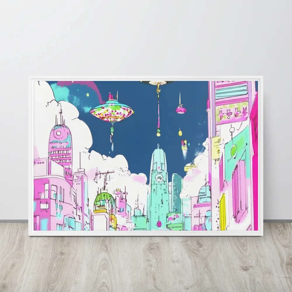 Futuristic Cityscape with Floating Structures | Canvas with White Frame | 24″×36″